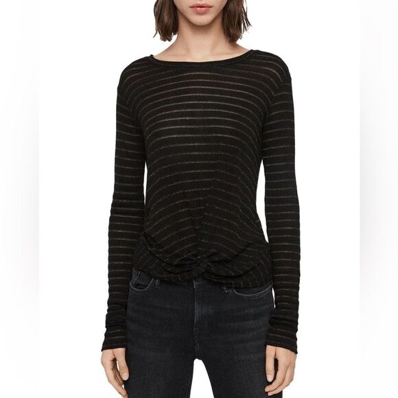 AllSaints Carme Shimmer Stripe Twist Tee Metallic Black Gold Size M - Picture 2 of 10